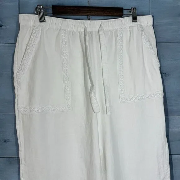 Joie Wide Leg 100% Linen Pants Large White Boho Elastic Waist Pull On Cropped - Picture 3 of 8